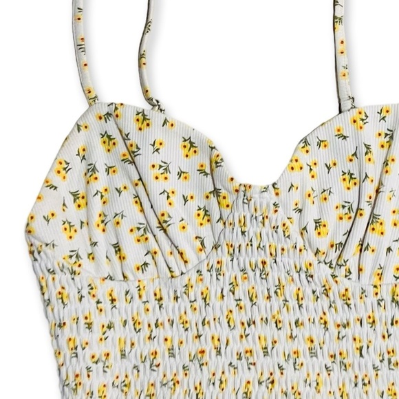 Forever 21 Bustier Smocked Tank Top in White + Yellow Floral Print | size Small - Picture 5 of 6